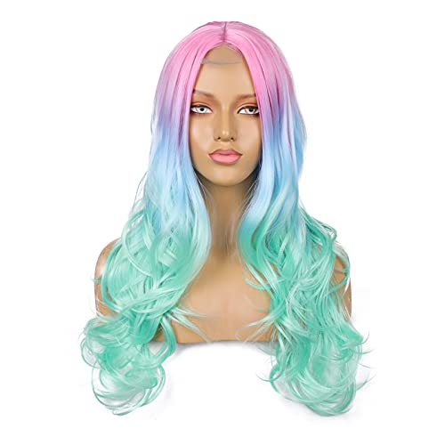 YBOD Long Wavy Colorful Wig Middle Part Synthetic Cosplay Party Wigs for Women Natural Looking Heat Resistant Fiber(Colorful)
