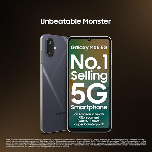 Image of Samsung Galaxy M06 5G Mobile (Blazing Black, 6GB RAM, 128GB Storage) | MediaTek Dimensity 6300 | AnTuTu 623K+ | 12 5G Bands | 25W Fast Charging | 4 Gen OS Upgrades | 50MP Camera | Without Charger