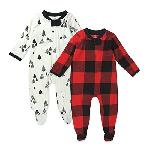 HonestBaby Sleep and Play Footed Holiday Pajamas One-Piece Sleeper Zip-front Organic Cotton PJs Baby Boys, Girls, Unisex, Holiday Tartan, 6-9 Months