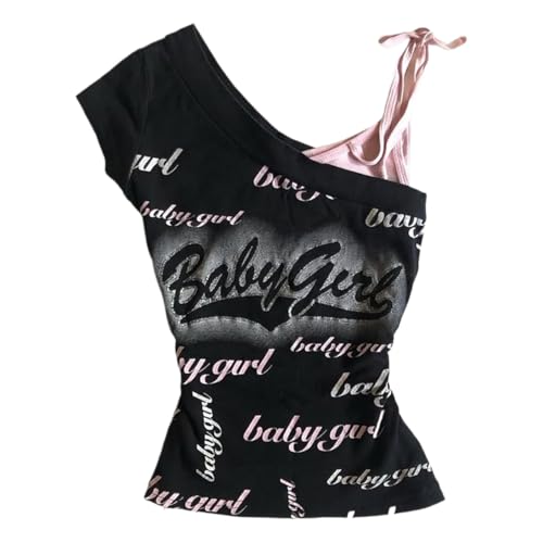 Emo Grunge Shirts Women 2000s Graphic Baby Tees Fake Two Piece Short Sleeve Vintage Y2k Crop Top Goth Alt Clothes