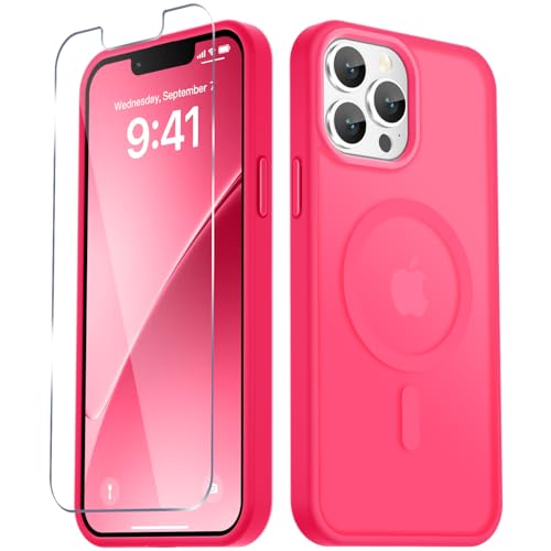 Image of YENAPOON for iPhone 13 Pro Case, Matte Magnetic Phone Cover [with 1 Screen Protector] [Support for MagSafe] [Shockproof Military Grade Protection] Translucent Frosted Back, Hot Pink
