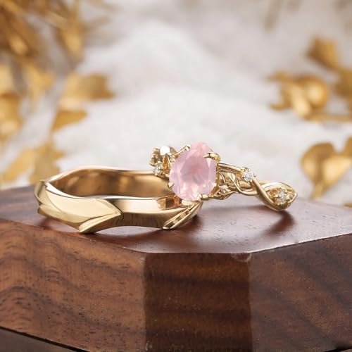 10K 14K 18K Gold 2.0ct Pear Gemstone Engagement Rings for Couples Nature Inspired Birthstone Leaf Vine Promise Anniversary wedding Jewelry for his and hers Bridal Set Size 4~154