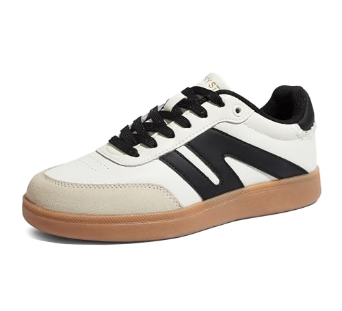 Image of LUCKY STEP Women Retro Gum Sole Fashion Sneakers | Genuine Leather Classic Tennis Skate Walking Shoes Anti Slip Trainers