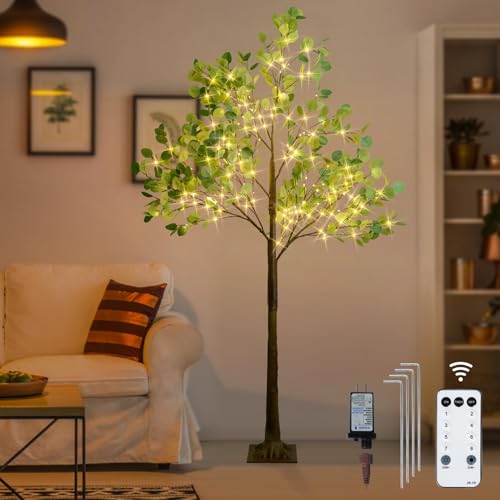 Artificial Eucalyptus Tree Lights, 6FT 216 LED for Christmas Decor, Lighted Tree with Timer...