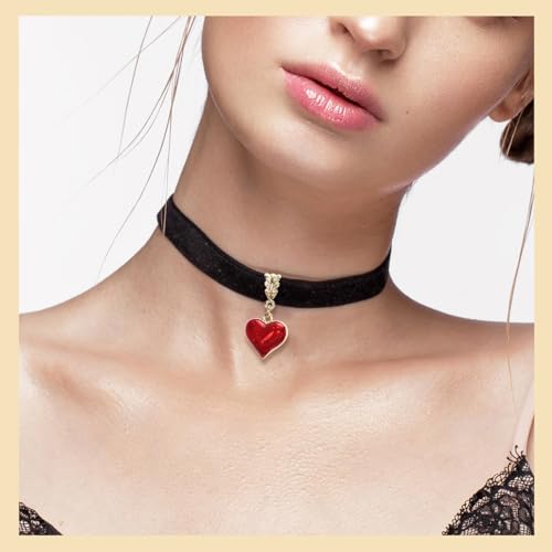 Moguri® Schwarze Halskette im Vintage-Stil für Damen, Samt-Tropfenöl, rotes Herz, schwarzes Halsband, Valentinstag Weihnachten Cosplay Party Schmuck, verstellbare Länge