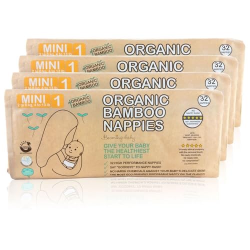 Beaming Baby Organic Bamboo Nappies - Size 1 (2-6 kg / 4-13 lbs), 4 X 32 Nappies (128 Total) | Monthly Pack, Ultra Soft Nappies for Sensitive Skin | Give Your Baby The Healthiest Start to Life