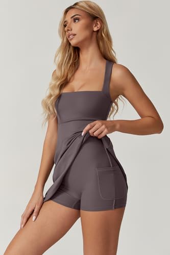 Image of QINSEN Womens Square Neck Tennis Dress Sleeveless Built in Shorts Golf Athletic Dress with Pockets
