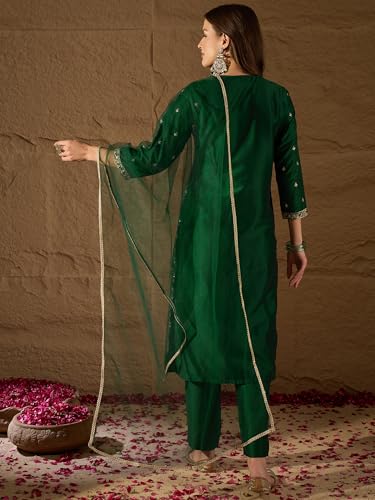 Image of Vaamsi Women's Silk Blend Floral Embroidered Straight Kurta Pant With Dupatta With Cotton Inner