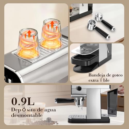 Miniatura 6 de Aigostar Barista - Cafetera Espresso Y Capuccino, Compatible Con Cápsulas Y Café Molido, 20 Bares, Panel Táctil Digital, 1 O 2 Tazas, Máquina De Café Con Espumador De Leche, 0.9l, 1350w, Inox