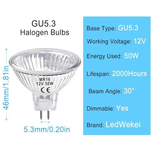 LedWekei Gu5.3 Halogen Bulbs,mr16 12v 50w Halogen Bulb,Dimmable 2700K Warm White Light Bulbs (6 Pack), Mr16 12v50w - Image 2