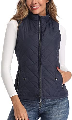 LONGKING Women's Vest, Stand Collar Lightweight Zip Quilted Vest for Women Dark Blue L