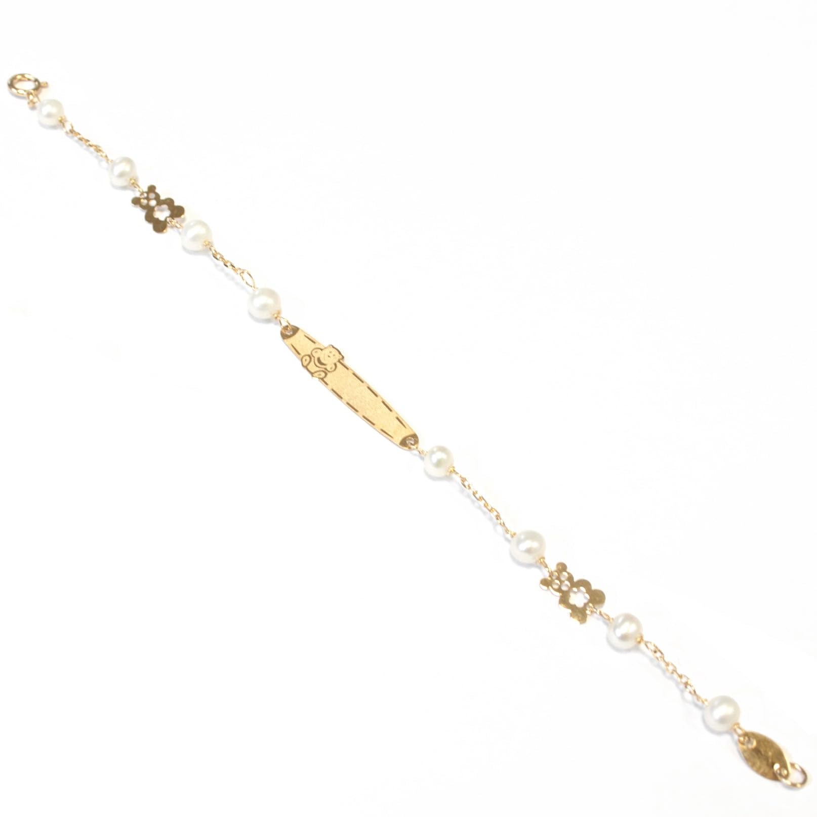 Monde Petit - Bracciale Ragazza Oro Giallo 18K Personalizzata Schiava Orso Perla 4 mm Opaca Brillante 14 cm - Scatola Regalo - Certificato di garanzia