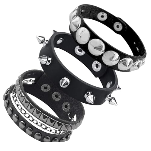 Lilbitty 3 Stück Schwarzes Punk Nietenarmband Set, Verstellbare Lederarmbänder für Damen und Herren, Rock Emo Grunge Accessoires, Halloween Schmuck für Party und Alltag