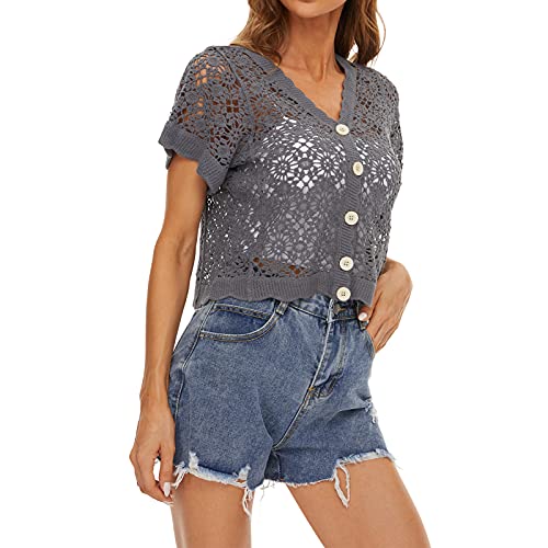Image of Women Cardigan Hollow Out Floral Cardigans White Crochet Shrugs