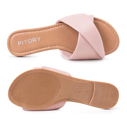 Image of FITORY Women's Flat Sandals Fashion Slides With Soft Leather Slippers for Summer Size 6-11