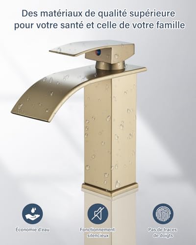 Robinet mitigeur de salle de bain à cascade anti-éclaboussures or - 6