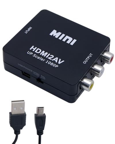 HDMI a AV Adaptador, Convertidor HDMI a RCA 1080P Mini AV Composite CVBS Video Audio Soporte PAL/NTSC para TV PC Laptop PS3 Blue-Ray DVD Xbox Sky HD VHS Fire Stick Roku con Cable Carga USB