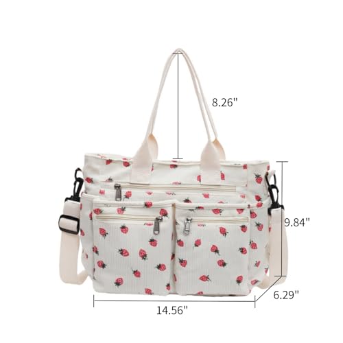 Image of Women Strawberry Bags, Corduroy Everyday Tote Bag Kawaii Shoulder Purse Handbag Crossbody Work Bag