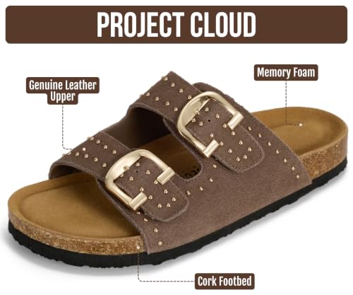 Image of Project Cloud 100% Genuine Leather Flat Sandals For Women 2026 Cork Footbed Womens Sandals with Memory Foam and arch support Vacation Essentials Slides for Women Footwear (Venita)