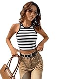 SweatyRocks Women's Stripe Print Crop Tank Top Casual Sleeveless Round Neck Slim Fit Tops Black White S