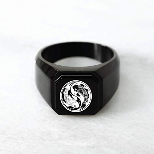 Stainless Steel Signet Biker Rings for Men, Yin & Yang Symbol Square Flat Top (Black, Gold, Silver), Size 7-162