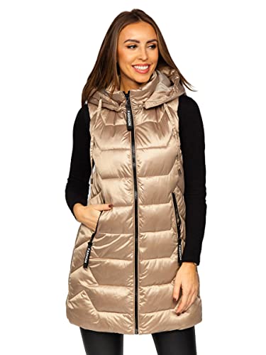 BOLF Mujer Chaleco acolchado con Capucha Cierre de Cremallera Largo Chaleco sin Manga Plumas Cazadora Ropa de Abrigo Entrenamiento Fitness Outdoor Deporte Ocio Estilo Deportivo B8107 Beige XXL [U1U] Cover
