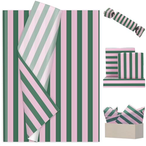 JarThenaAMCS Stripe Tissue Paper 14 x 20 Inch Pink Green Stripe Wrapping Paper for Birthday Baby Shower Wedding Party DIY Crafts Supplies, 60 Sheets