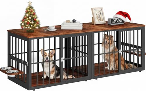 YITAHOME 77.6" Large Corner Dog Crate Furniture for 2 Dogs, Steel Frame Cage with Double Doors & Bowls & 3 Doors, Double Dog Crate Furniture TV Stand for Medium Large Dogs, Brown