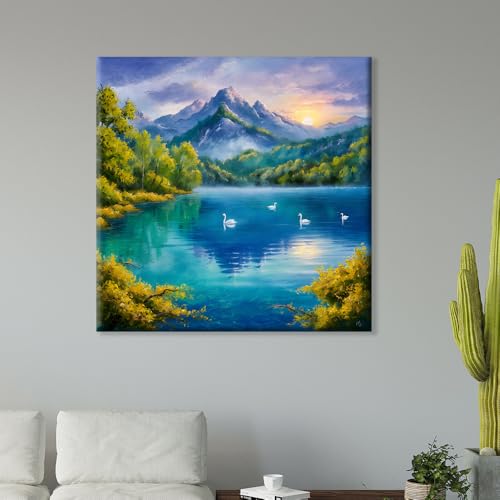 Image of Exsha Mountain Lake Sunset Canvas Painting with Swans, Vibrant Blue & Green Square Wall Art for Living Room, Bedroom, Office Decor|20x20 Inch|Nature Painting for Wall Decoration