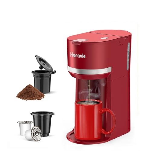 Mini Single Serve Coffee Maker for K Cup and Ground Coffee, Fast Brew One Cup Coffee Machine with Descaling Reminder and Water Window, 6 to 12 oz. Brew Sizes, Red