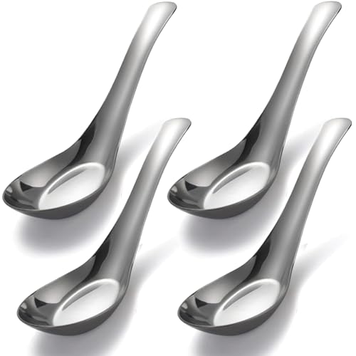 Lot de 4 cuillères à soupe en acier inoxydable poli miroir pour bouillon, dessert, céréales, miso thaïlandais, ramen