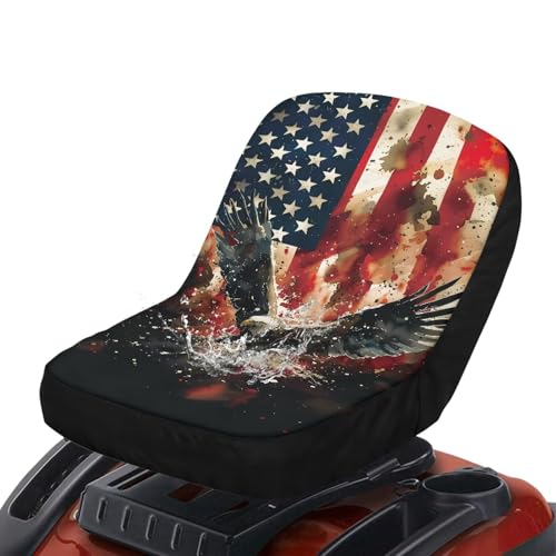Tomeusey Lawn Mower Seat Cover with Pockets - American Flag Eagle Universal Tractor Seat Protector Compatible with Craftsman Universal Lawn Mower Accessories