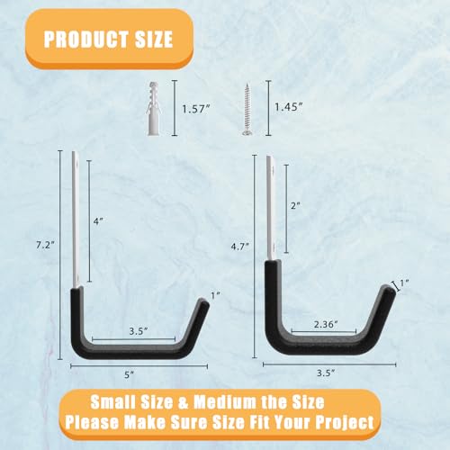 Juformin Heavy Duty Utility Hooks for Garage Storage 4 J-shape Hooks, Silver and Black, Wall Mount, Steel, PVC - Image 2