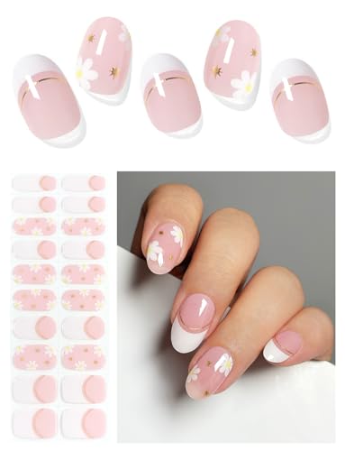 AutyaMee Semi Cured Gel Nail Strips (Pink Daisy), French, 20 Pcs Gel Nail Wraps, Stickers, UV Light Required, Salon Quality, Long Lasting