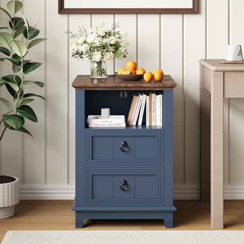 IDEALHOUSE 18in Nightstand Set of 2 with Charging Station, Farmhouse Bed Side Table Wood End Table with 2 Drawers and Open Shelf for Bedroom Living Room, Blue by IDEALHOUSE - Image 3