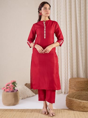 Image of INDO ERA Women's Straight Cotton Blend Ethnic Motifs Embroidered Kurta Pant With Dupatta Set