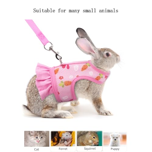 Image of Pink Rabbit Leash and Harness Set,Proof Walking Escape Cute Floral Mesh Vest Breathable Rabbit Costumes for Bunny, Hiking, Training for Ferret Kitten Puppy Small Animals Pink S