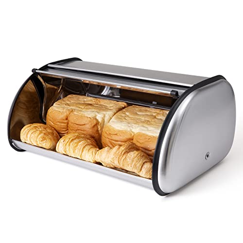Deppon Bread Box For Kitchen Countertop, Extra Large Capacity Holds More Than 2 Loaves, Matte Stainless Steel Bread Storage Bin Container With Roll Up Lid, Fingerprint Proof, 17.5 X 11 X 7.5 Inches #TOP1