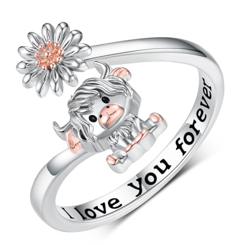 Argent 925 bague vache Highland ajustable et ciselée de haute qualité