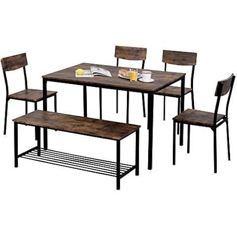 LZ LEISURE ZONE Dining Table Chair and Bench Set 6 Wooden Steel Frame Industrial Style Kitchen Dining Table Set Cover