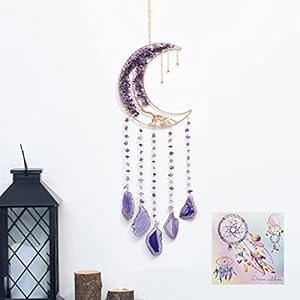 Agate Moon Dream Catchers with Crystal Purple Gemstone Dream Catchers Natural Tree of Life Gem Agate Wall Hangings Room Garden Dreamcatchers Decor (Purple)
