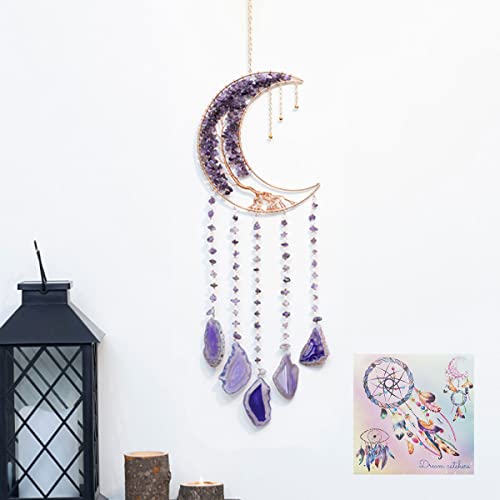 Agate Moon Dream Catchers with Crystal Purple Gemstone Dream Catchers Natural Tree of Life Gem Agate Wall Hangings Room Garden Dreamcatchers Decor (Purple)