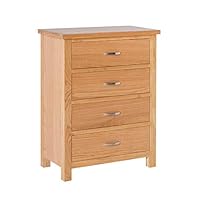 London Oak Tall Chest of Drawers with 4 Tiered Drawer | Roseland Furniture Contemporary Lacquered Bedroom Wide Tallboy Storage Unit 93 x 70 x 38cm | Fully Assembled