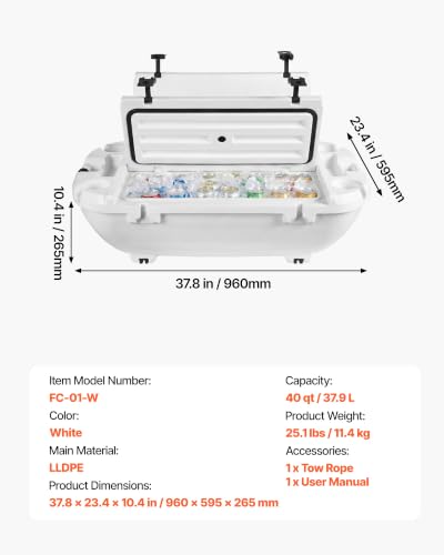 Image of VEVOR Floating Cooler 40 QT Floating Ice Chest with Wheels & Tow Rope, Premium LLDPE Amphibious Beverage Cooler for Water & Land, Stable Cruising on Lake, River, Seashore, Beach, Kayak