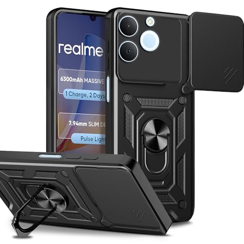 Image of AESTMO Tough Armor Realme C71 Bumper Back Case Cover | Ring Holder & Sliding Camera Shield Cover | 360 Degree Protection Back Case Cover for Realme C71 (Black)