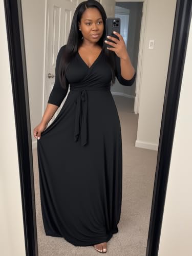 Image of Plus Size Maxi Dress for Women V Neck 3 /4 Sleeve Wrap Dresses