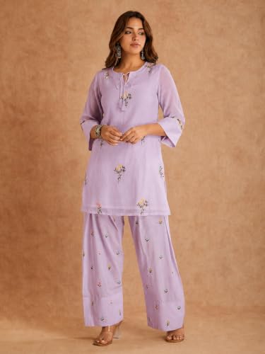 Image of ANNI Designer Farshi Salwar Suit for Women Viscose Embroidered | Co Ord Set for Woman | Straight Kurta Palazzo Outfit Round Neck V Slit 3 /4 Sleeve Ethnic Dress Womens Clothing