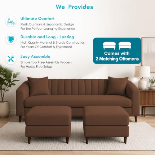Image of Doraldo 3 Seater Sofa Set with 2 Ottoman for Living Room (Brown) Premium Fabric Sofa