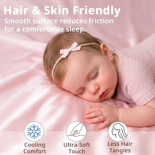 Image of Pro Goleem Satin Mini Crib Sheets 2 Pack, Pink & Purple Silky Soft Fitted Sheet for Baby Hair Protection, 38 inchx24 inchx5 inch Breathable Mattress Cover Compatible with Pack n Play & Portable Crib