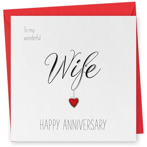 Anniversary Card for Wife. Hanging Heart Design. Textured Card with Red Envelope. 150x150mm when folded. Blank inside. Made in Britain.